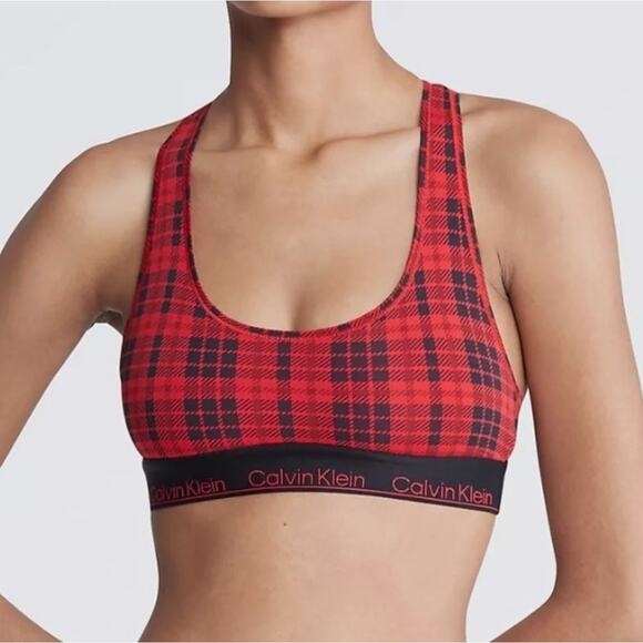 Calvin Klein Bralette Womens XS Red Black Tartan Plaid Unlined Modern Cotton - Picture 1 of 9